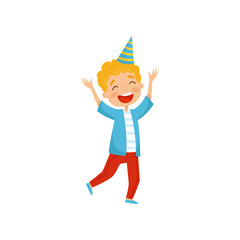 Cute boy in party hat having fun at birthday party cartoon vector Illustration on a white background