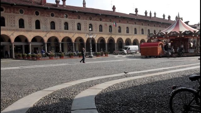 View of sunny Vigevano Ducale square, Vigevano, PV, Italy