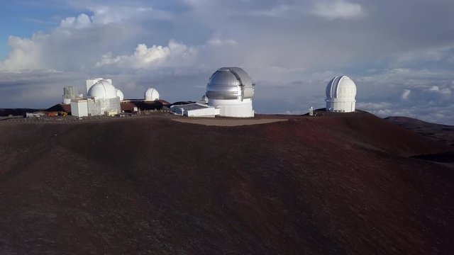 Aerial sunrise general view of Telescopes of Mauna Kea Astronomical Observatory, Hawaii. USA