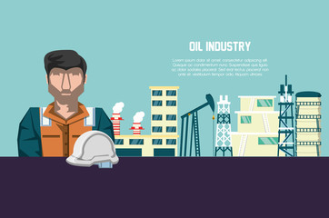 oil industry with worker and factory icons vector illustration design