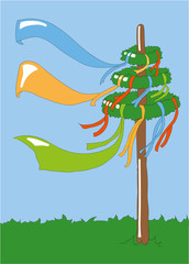 farbige Illustration Maibaum mit bunten Bändern