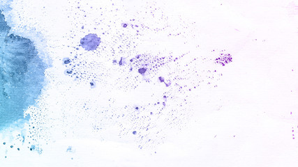 Watercolor blue and violet drops paint background.