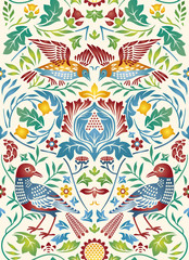 Vintage flowers and birds seamless pattern on light background. Color vector illustration.