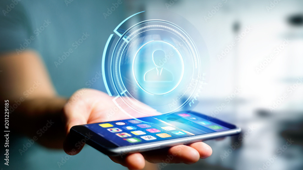 Poster businessman using a smartphone with a shinny technologic network contact button - 3d render