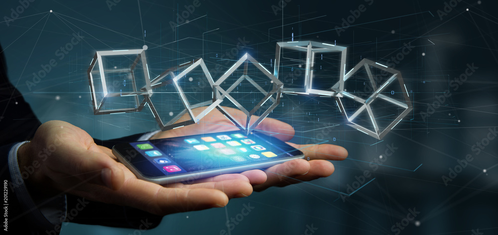 Poster businessman holding a 3d rendering blockchain cube isolated on a background
