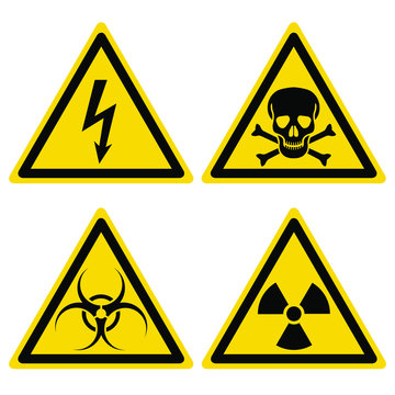 Hazard warning set triangular yellow icons. Isolated symbols on white background. Vector illustration.