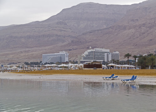 Evening view of famous health psoriasis treatment resort in the Dead Sea, Hotels in the Ein Bokek, Israel