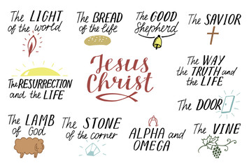 Set of 11 Hand lettering christian quotes about Jesus Christ. Savior. Door. Good Shepherd. Way, truth, life. Alpha and Omega. Lamb of God. The vine. Light of world. Resurrection. - obrazy, fototapety, plakaty