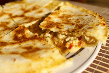 Roasted quesadilla with cheese and tomatoes on a plate, close up