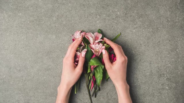 stop motion footage with female hands and beautiful peruvian lilies on grey concrete tabletop