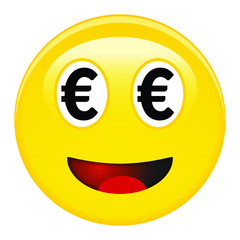 Euro smiley emoticon. Yellow laughing 3d emoji with black eur symbols in place of eyes and red opened mouth.