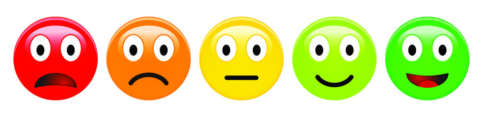 Naklejka na ściany i meble Feedback rating scale of red, orange, yellow and green emoticons, 3d Smiley icons in different colours.