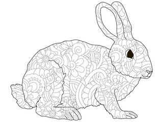 Adult antistress coloring rabbit, hare, animal pattern, astrakhan. Illustration of black lines doodle, white background
