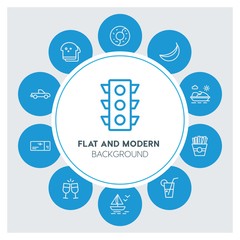 transports, food, drinks, travel Infographic Circle outline Icons Set. Contains such Icons as  business,  website,  elements,  background,  pattern,  banner and more. ..Fully Editable. Pixel Perfect