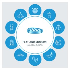 transports, food, drinks, travel Infographic Circle outline Icons Set. Contains such Icons as  business,  website,  elements,  background,  pattern,  banner and more. ..Fully Editable. Pixel Perfect