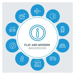 transports, food, drinks, travel Infographic Circle outline Icons Set. Contains such Icons as  business,  website,  elements,  background,  pattern,  banner and more. ..Fully Editable. Pixel Perfect