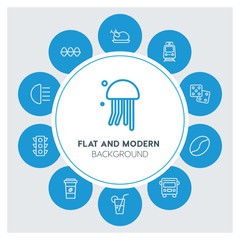 transports, food, drinks, travel Infographic Circle outline Icons Set. Contains such Icons as  business,  website,  elements,  background,  pattern,  banner and more. ..Fully Editable. Pixel Perfect