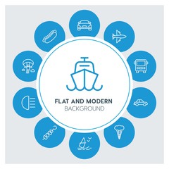 transports, food, drinks, travel Infographic Circle outline Icons Set. Contains such Icons as  business,  website,  elements,  background,  pattern,  banner and more. ..Fully Editable. Pixel Perfect