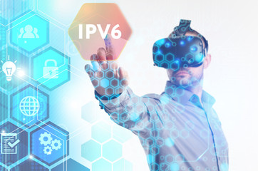 The concept of business, technology, the Internet and the network. A young entrepreneur working on a virtual screen of the future and sees the inscription: IPv6