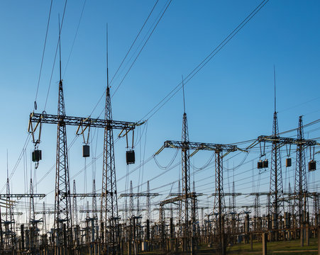 High voltage power lines. Thermal power plant. High-voltage transformer substation.