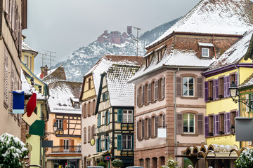 Houses in Ribeauville and the Saint Ulrich Castle in the Vosges Mountains. Alsace, France