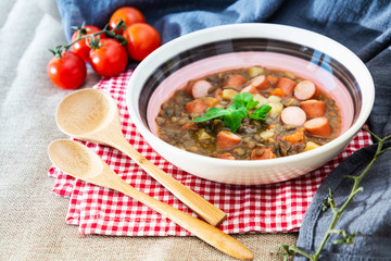 Traditional homemade Sausages with beans soup