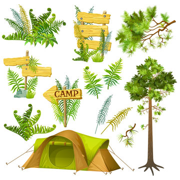 Set elements for computer games. Tourist tent, pine trees and branches, fern, wooden panels with space for text. Isolated vector illustration.