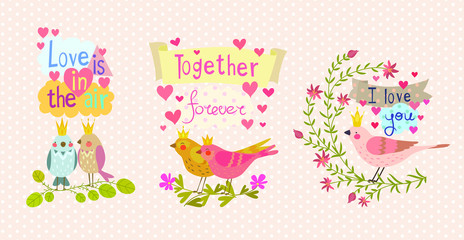 A cute illustration with birds is made in a bright decorative style, a beautiful print for your product