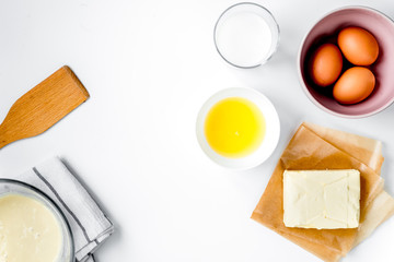 cooking pancake on white background top view ingredients for mak