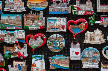 Close up of tourist magnet souvenirs of Florence