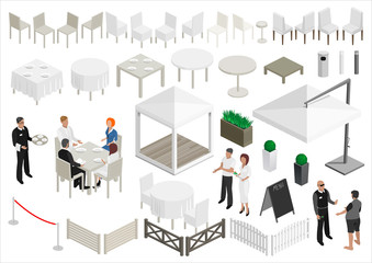 The set of isometry scheme of the restaurant. Sets of furniture and people. Architectural project. Vector graphics