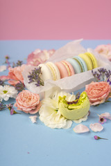 Multicolored macaroons cakes with big and small different flower buds in a gift box with wrapping paper on a blue and pink background