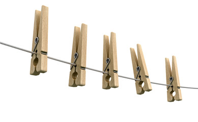 Wooden clothespins on rope. Image with clipping path