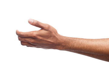 Black hand holding virtual object isolated