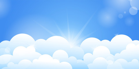Blue sky and white clouds on a sunny day. Horizontal vector illustration background