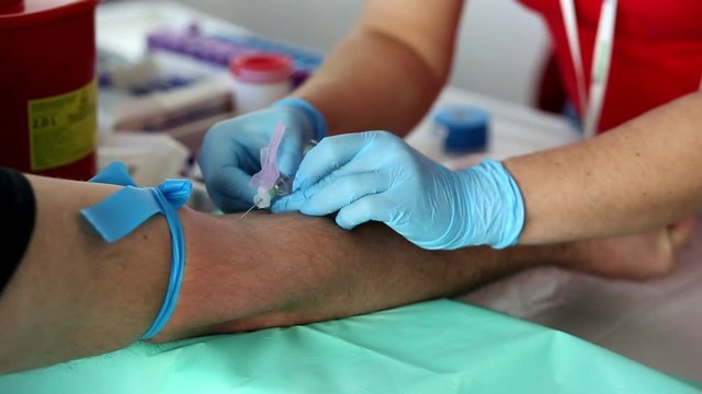 Blood donator donates blood in the hospital
