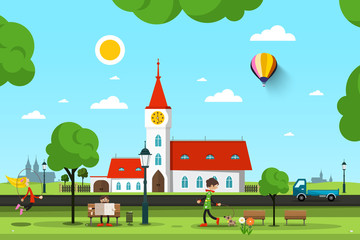 City Park with Church and People - Vector