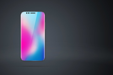 Realistic illustration with a picture of a smartphone on a dark background. Design, smartphone, glare. The concept of a layout, design, mobile phone. trend is 2018, mockup, copy space.