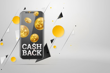 Inscription Cash Back, an image of a smartphone and emblem on a white background. Business concept, refund, online shopping, mobile banking. finance. White, pink, blue. Illustration, 3d.