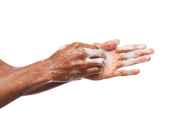 Black man washing hands isolated on white background