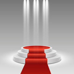 Fototapeta premium Podium with red carpet. Stage for awards ceremony. Pedestal. Spotlight. Vector illustration.