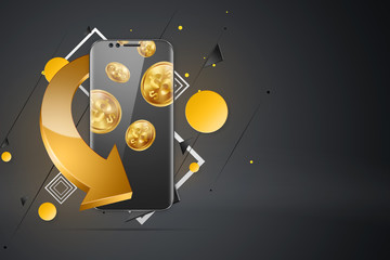 Inscription Cash Back, an image of a smartphone and emblem on a dark background. Business concept, refund, online shopping, mobile banking. finance. White, gold. Illustration, 3d.