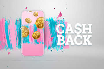 Inscription Cash Back, an image of a smartphone and emblem on a white background. Business concept, refund, online shopping, mobile banking. finance. White, pink, blue. Illustration, 3d.