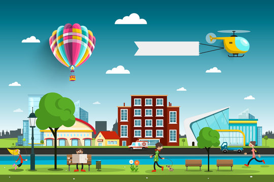 City with People and Hot Air Balloon with Helicopter on Sky. Abstract Vector City Park with Buildings.