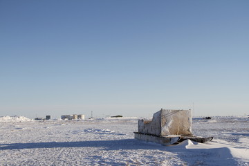 Front view of a traditional Inuit cargo sled or Komatik in the Arviat style in the Kivalliq region, Nunavut Canada