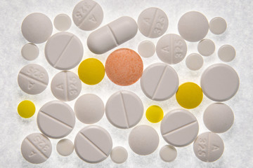 set of pills on white background