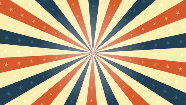 American Vintage Background Rotation Animation/
Animation of a looped vintage abstract and retro american patriotic poster, with sunbeams background, stars and stripes for fourth of july holiday