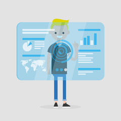 Millennial character touching a blue transparent futuristic screen. Conceptual future technologies / flat editable vector illustration, clip art
