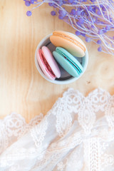 French macaroons with old vintage style present for sweet dessert on snack for happy meal and free time