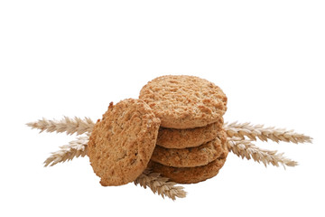 Healthy vegan integral cookies made of hazelnut powder & linseed isolated on white background. Home made vegetarian sugarless & gluten free snack w/ nuts. Decorative wheat spica. Close up, copy space.